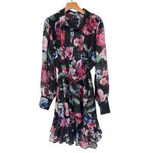 Alex Marie Romantic Black Floral Chiffon  Dress  Ruffled Hem size 12 womens